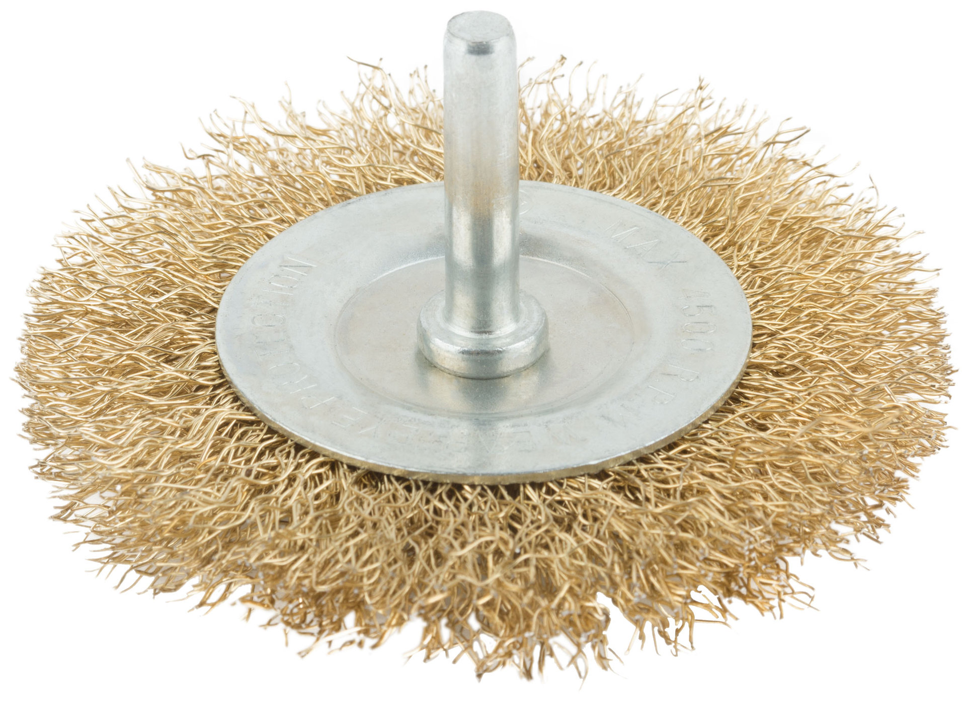 Корщетка, тип колесо, со штифтом, стальная латунированная волнистая проволока 75 мм (38484М)