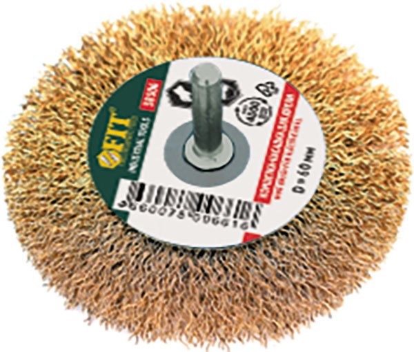 Корщетка-колесо, со штифтом, стальная латунированная волнистая проволока 100 мм (38510)