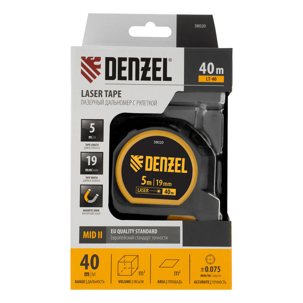Лазерный дальномер с рулеткой LT-40, 5м x 19 мм, дальномер 40м, автомат. фиксация Denzel