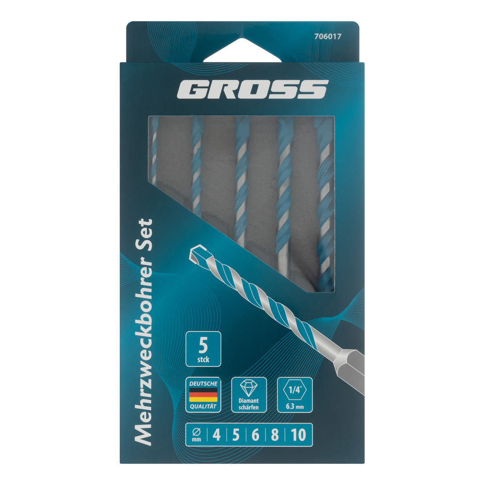 Набор сверл универсальных, Multipurpose PRO, 6-гр. хвостовик, 4-10мм, 5шт Gross (706017)