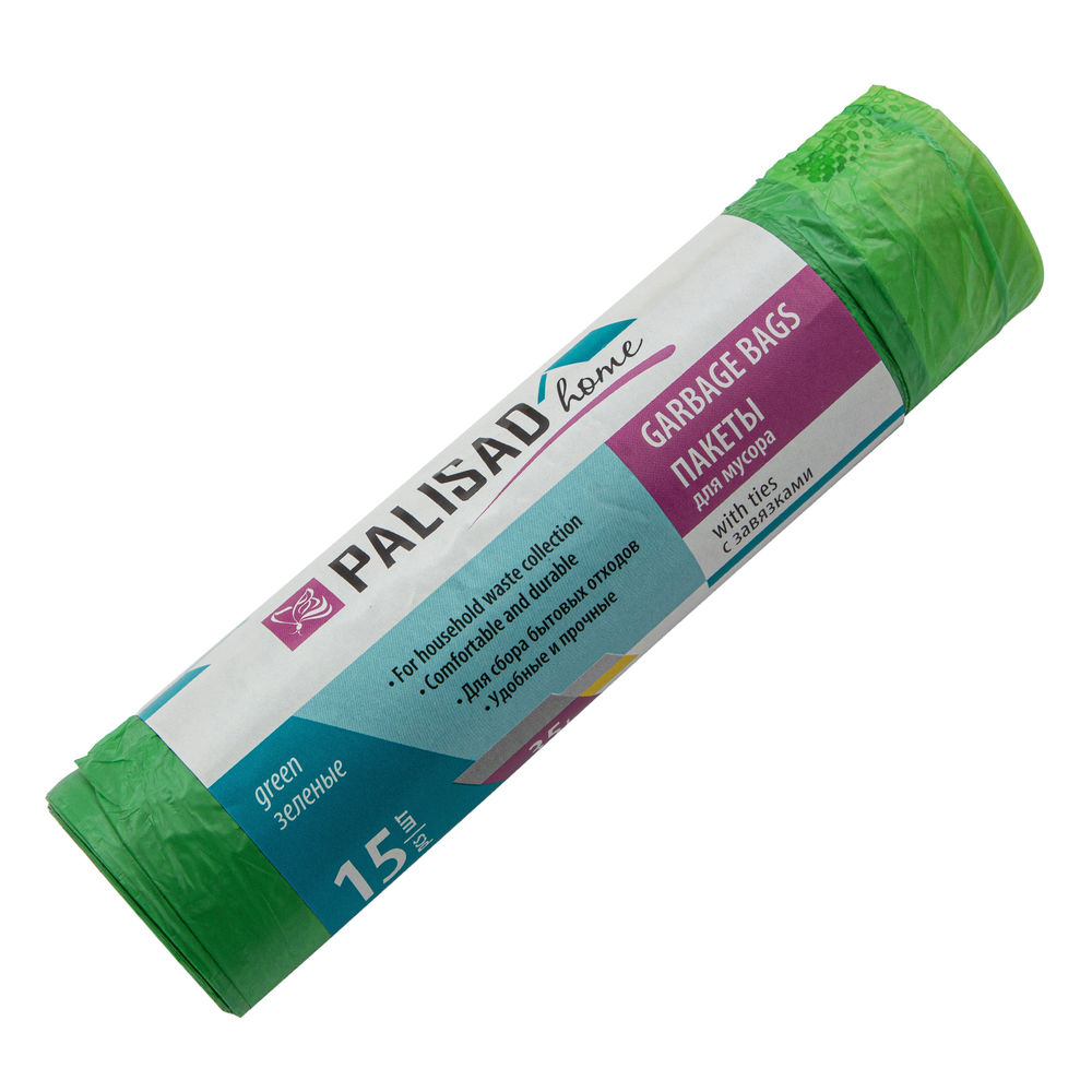 Пакеты для мусора с завязками 35 л x 15 шт., зеленые, Home Palisad (927175)