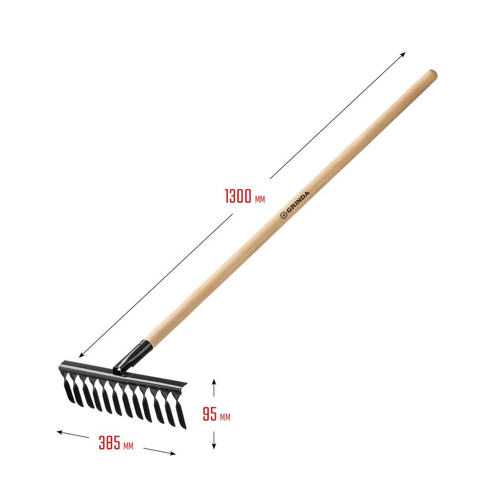 Садовые грабли GS-12 WOOD, 385 х 95 х 1300 мм, 12 витых зубцов, углеродистая сталь, антикор. покрытие, черенок дерев. высш. сорт GRINDA 39581-12