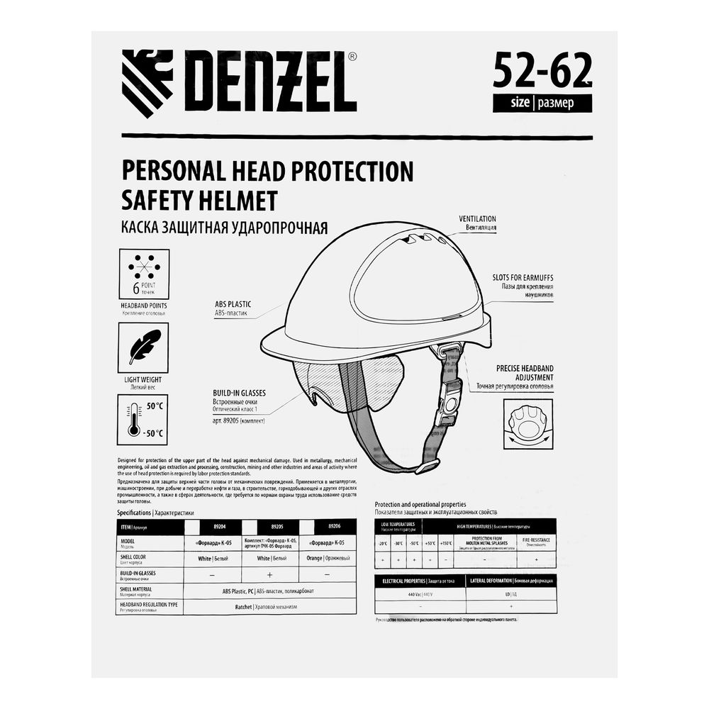 Каска защитная ударопр.«Форвард» (К-05)ABS/PC,комплект со встроен.очк.ОЧК-05 Форвард,белая Denzel (89205)