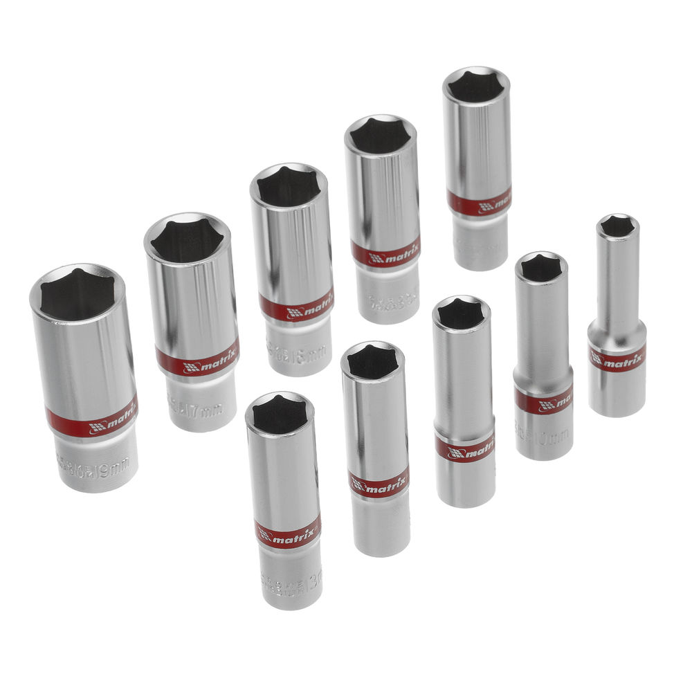 Набор удлиненных торцевых головок 3/8, 6 гранные, CrV, 8-19мм, 10 штук Matrix