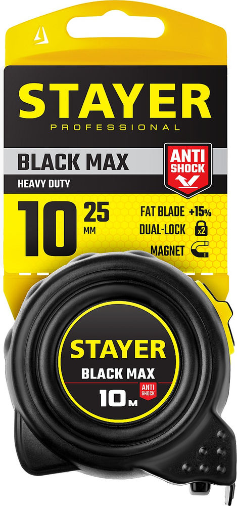 Рулетка с двумя фиксаторами BlackMax 10 м х 25 мм Professional STAYER 3410-010