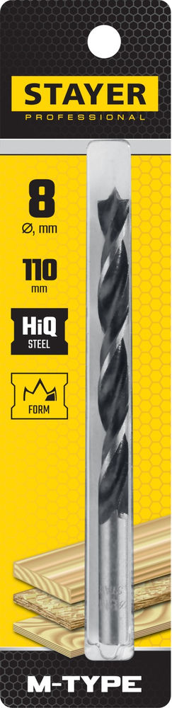 Сверло спиральное по дереву 8.0 x 110/80 мм, М-образная заточка M-type STAYER 2942-110-08