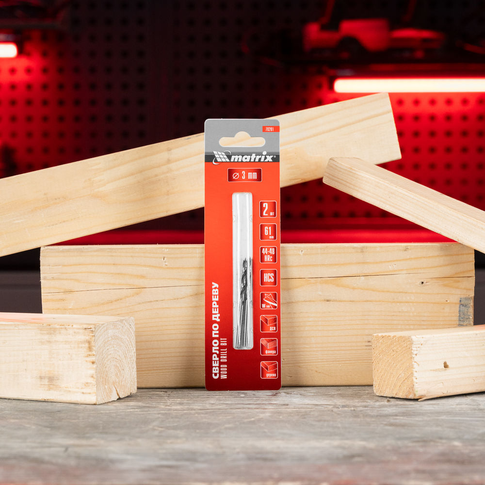 Сверло по дереву, 3 x 61 мм, 2 шт, цилиндрический хвостовик Matrix (70201)