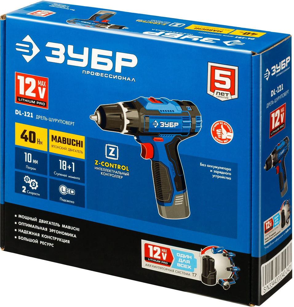 Дрель-шуруповерт 12 В 40 Н·м без АКБ тип Т7 Профессионал ЗУБР DL-121