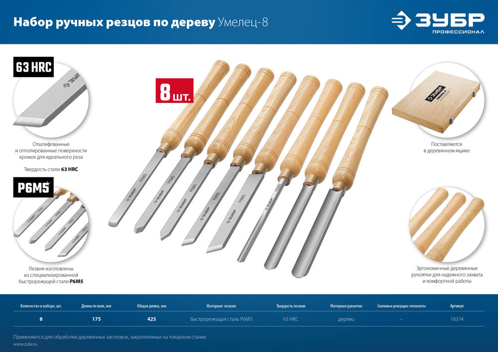 Набор ручных резцов по дереву 8 шт Р6М5 Профессионал ЗУБР УМЕЛЕЦ-8 18374