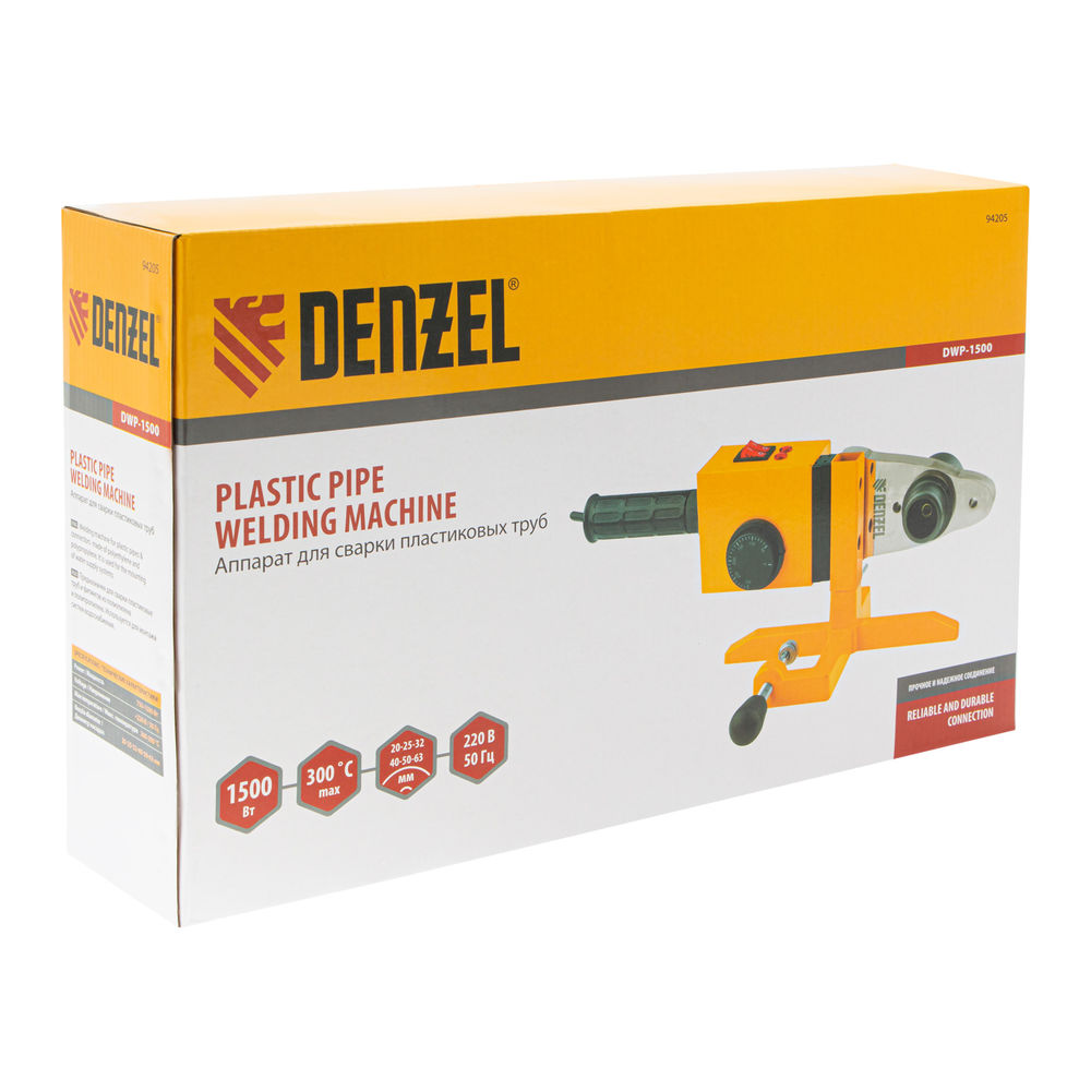 Аппарат для сварки пластиковых труб DWP-1500, 1500 Вт, 260-300 град, комплект насадок, 20-63 мм Denzel (94205)