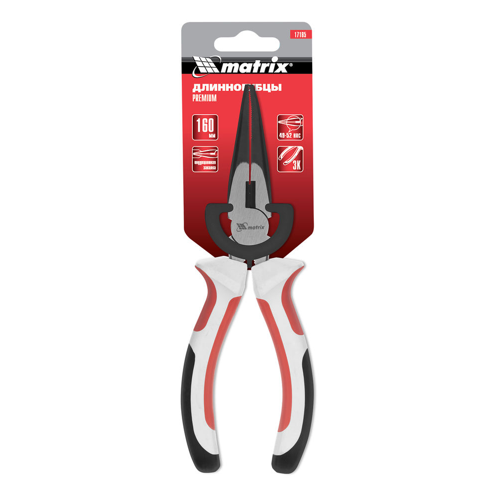 Длинногубцы прямые Premium, 160 мм, трехкомпонентные рукоятки Matrix (17185)