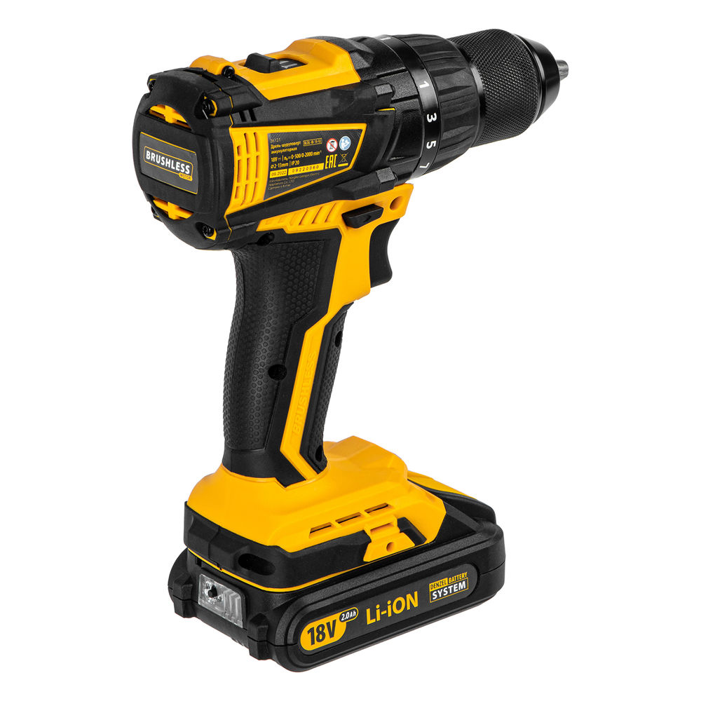 Дрель-шуруповерт аккумуляторная, бесщет. BLDL-IB-18-02, Li-Ion, 18 В, 2 акк. Denzel (26121)