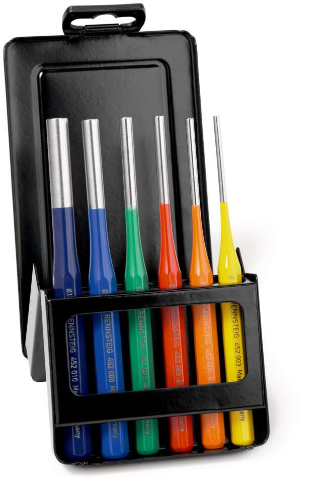 Exclusive Набор выколоток DIN 6450, 6 пр., O 3 / 4 / 5 / 6 / 8 / 10 мм, инструментальная сталь, ? 58 HRC, разноцветные, металлический кейс (RE-4255306RC)