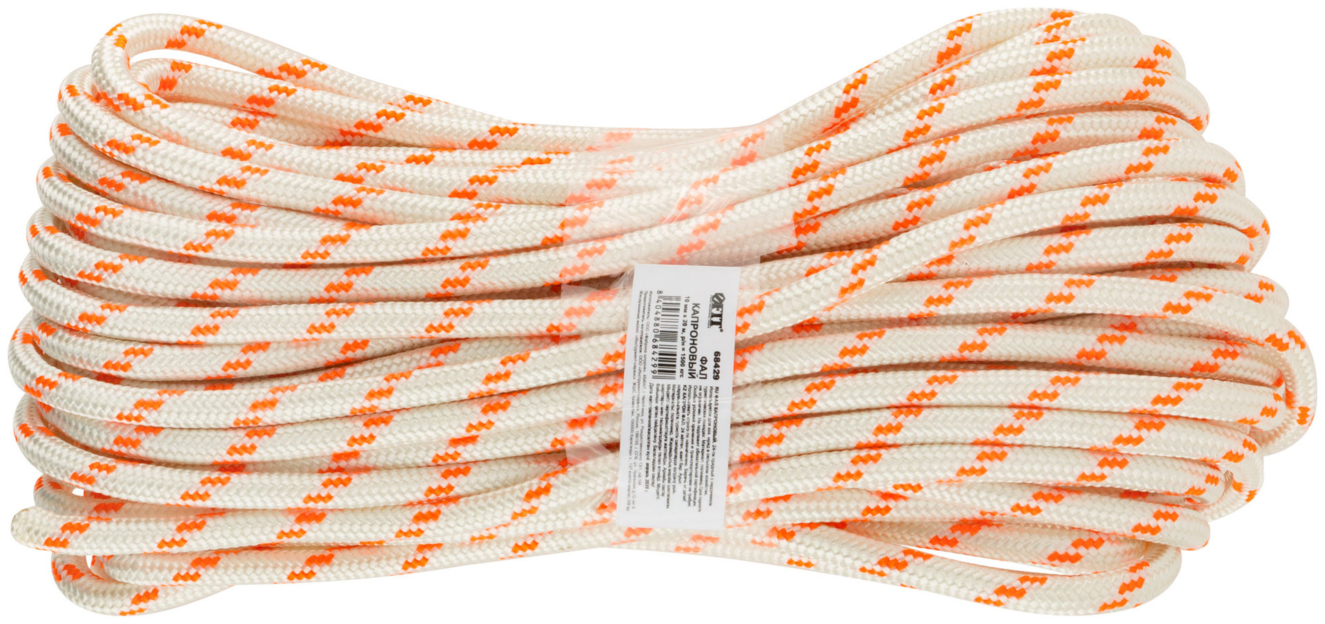 Фал капроновый плетеный 24-х прядный с сердечником 10 мм х 20 м, р/н= 1600 кгс (68429)