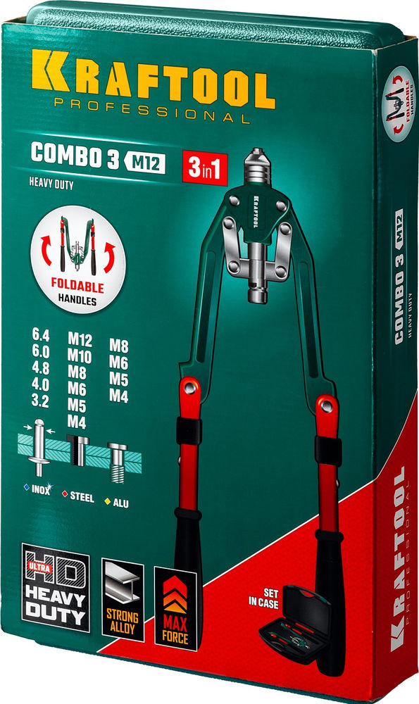 Комбинированный складной заклепочник Combo3-M12, 3 вида заклёпок, в кейсе KRAFTOOL 31182_z01