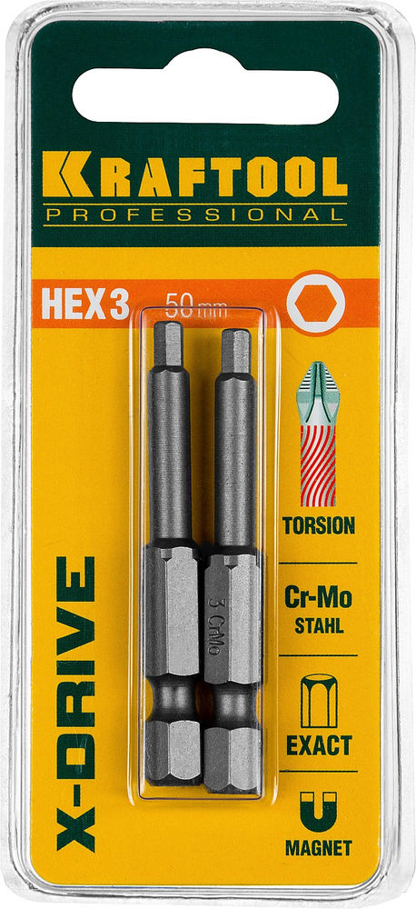 Торсионные биты X-Drive Hex 3, 50 мм, 2 шт KRAFTOOL 26127-3-50-2