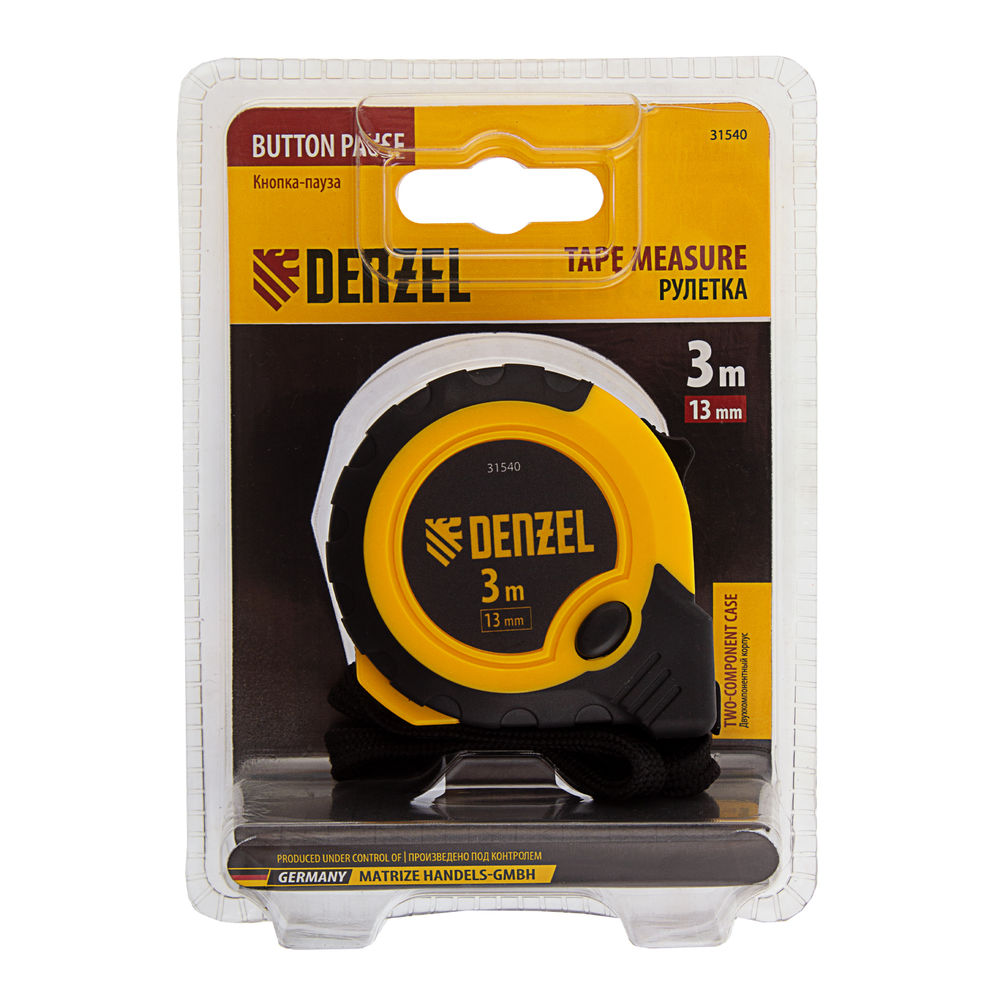 Рулетка 3м х 13мм, двухкомп. корпус, кнопка-пауза Denzel