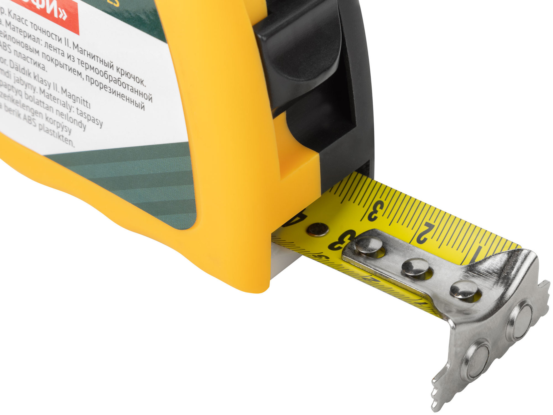 Рулетка Профи, калибр.лента, нейл.покр., магн.крючок, эласт.корпус черн-желт., двойн.стопор 10 м х 25 мм