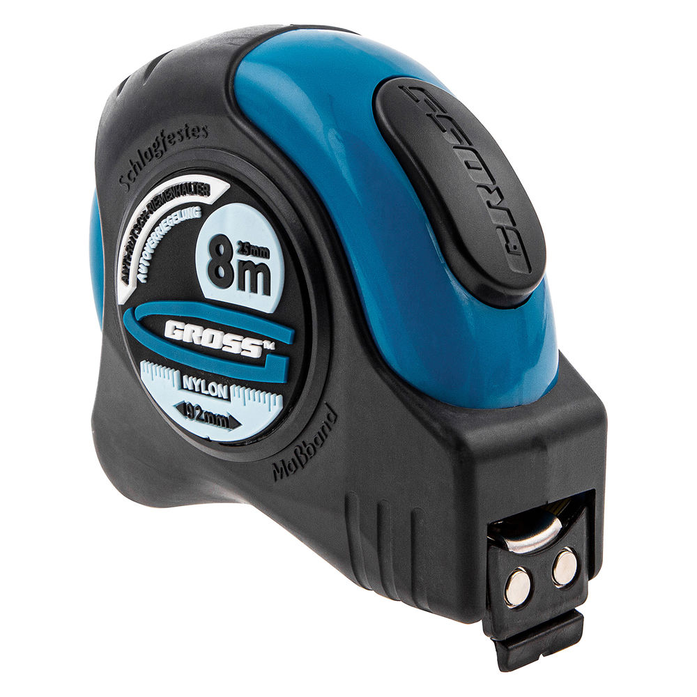 Рулетка Schlagfest,8 м x 25 мм,магнитный обрезиненный зацеп,двусторонняя шкала,Нейлоновое покрытие,автоматическая фиксация Gross
