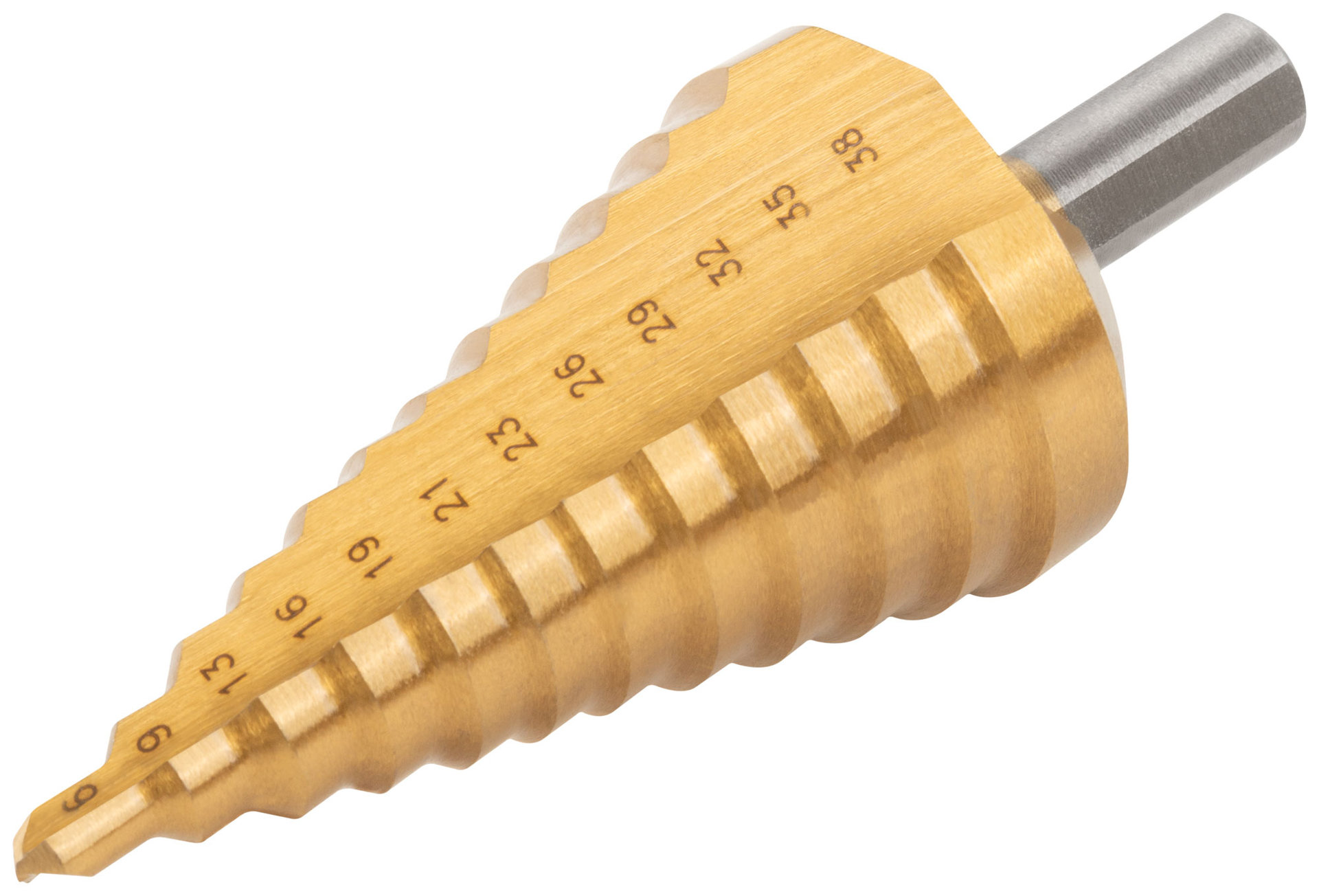 Сверло ступенчатое HSS по металлу, 12 ступеней 6-9-13-16-19-21-23-26-29-32-35-38 мм
