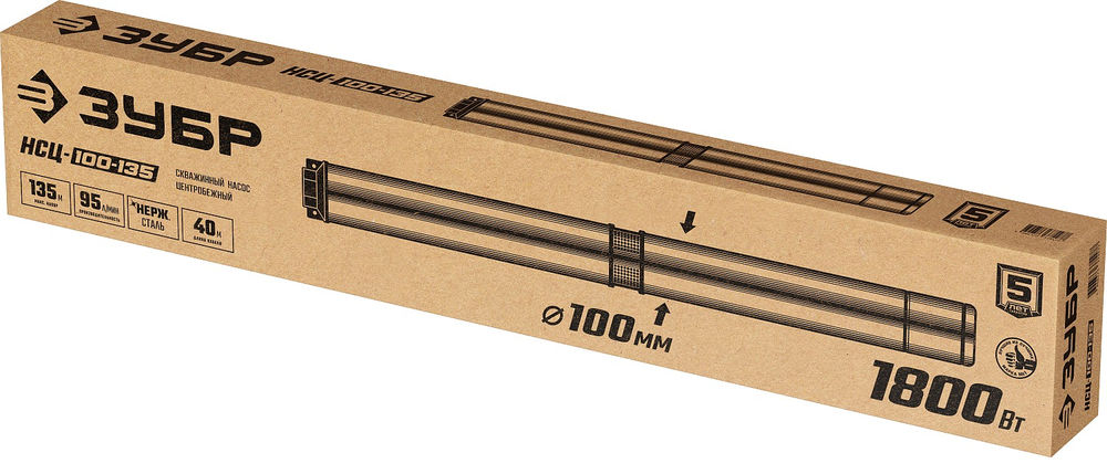 Насос скважинный центробежный 1800 Вт, 135 м напор, корпус из нержавеющей стали ЗУБР НСЦ-100-135