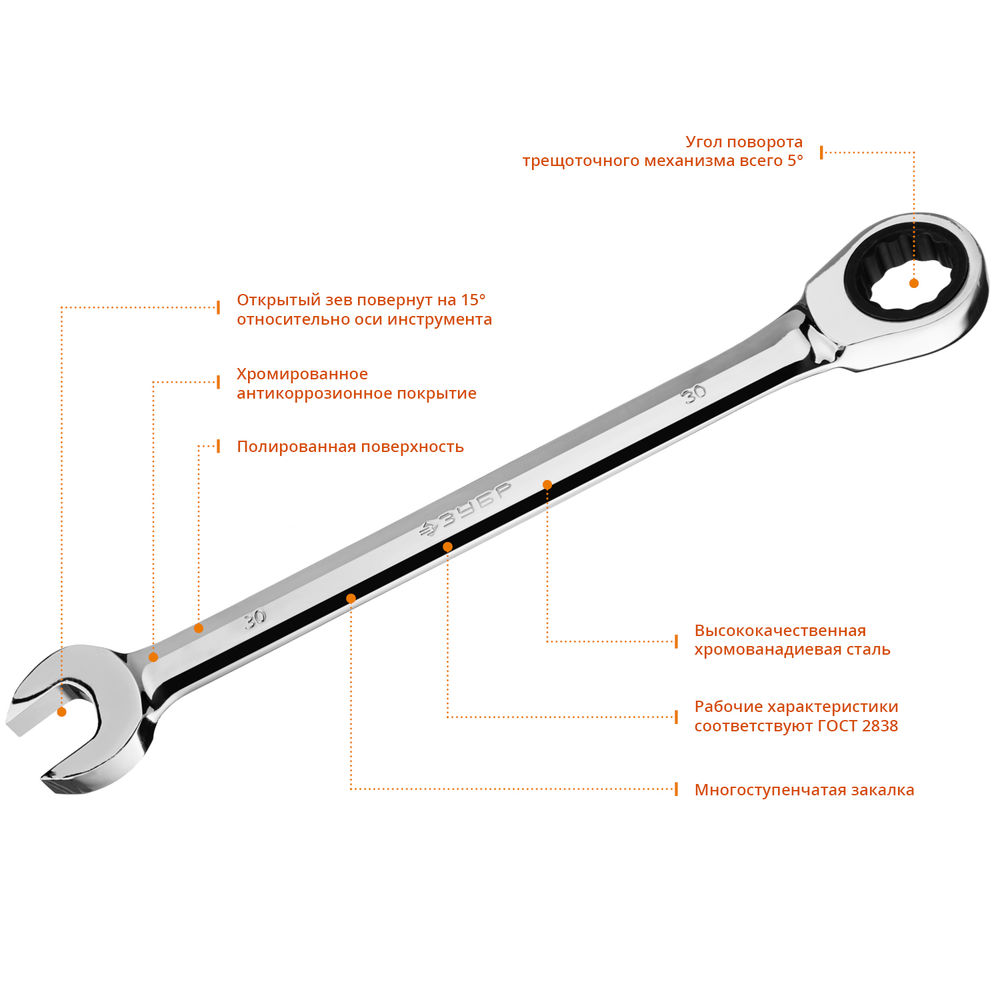 Ключ гаечный комбинированный трещоточный 30 мм Профессионал ЗУБР 27074-30