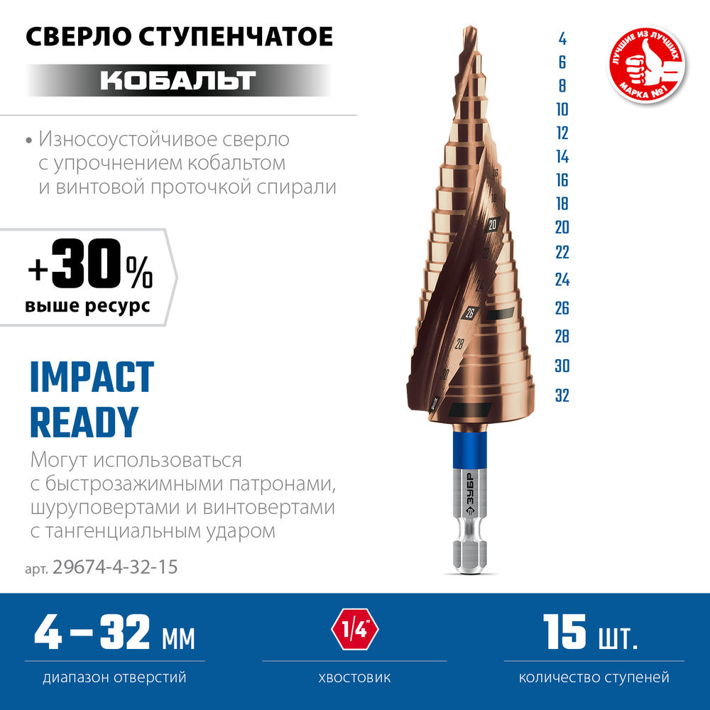 Сверло ступенчатое 4-32 мм, 15 ступеней, винтовая проточка КОБАЛЬТ ЗУБР ПРОФЕССИОНАЛ 29674-4-32-15