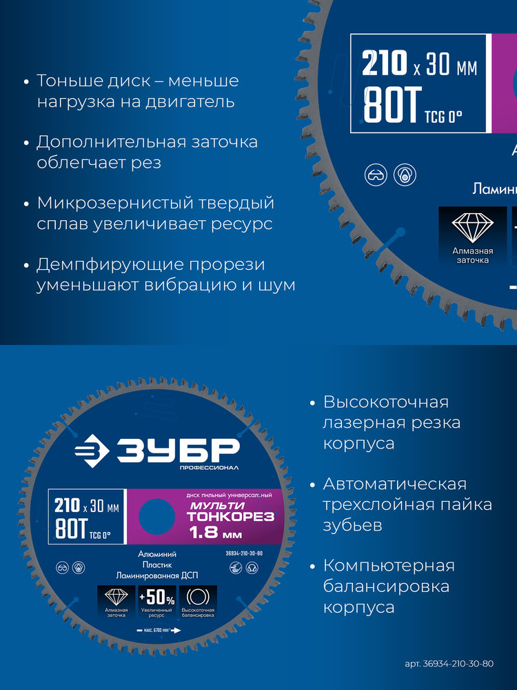 Диск пильный универсальный тонкий рез Мульти Тонкорез 210 х 30 х 1.8 мм, 80Т ЗУБР Профессионал 36934-210-30-80