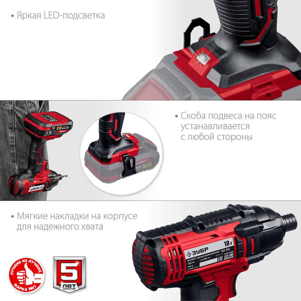 Винтоверт ударный 18 В 250 Н·м без АКБ ЗУБР С1-18 ГВЛ-255
