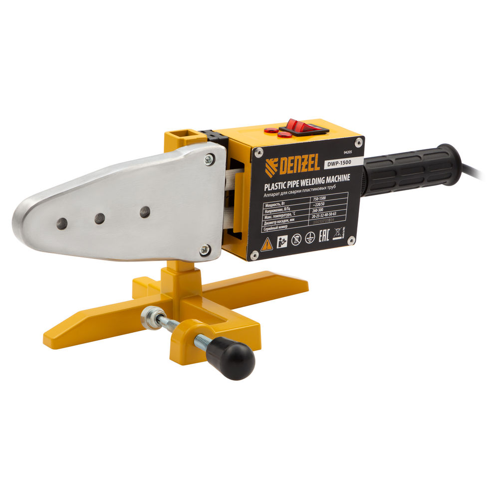 Аппарат для сварки пластиковых труб DWP-1500, 1500 Вт, 260-300 град, комплект насадок, 20-63 мм Denzel (94205)