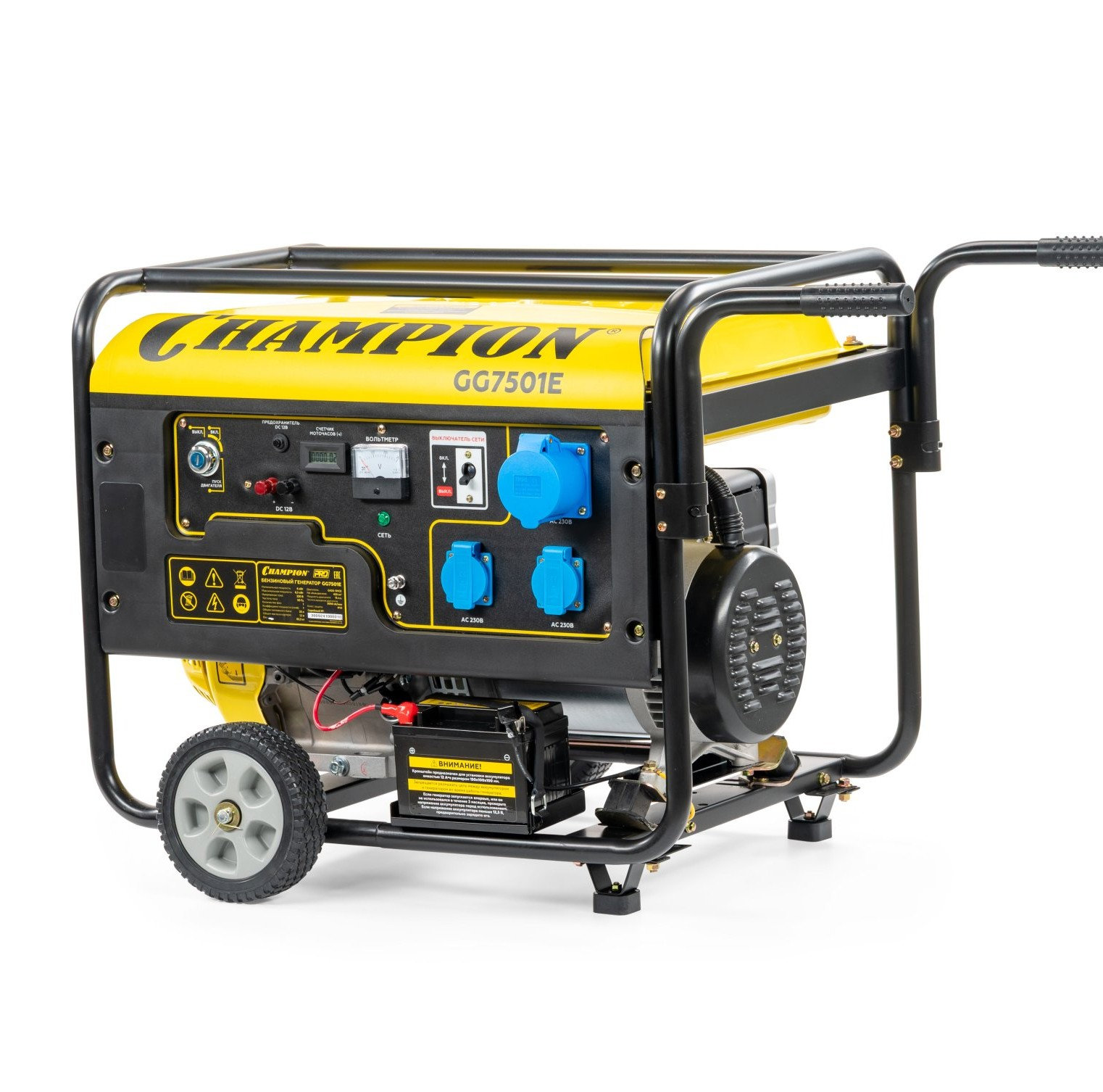Генератор CHAMPION GG7501E (PRO 6/6,5кВт 15лс 25л 12В 83,3кг, эл.стартер, счетчик, колеса) (GG7501E)