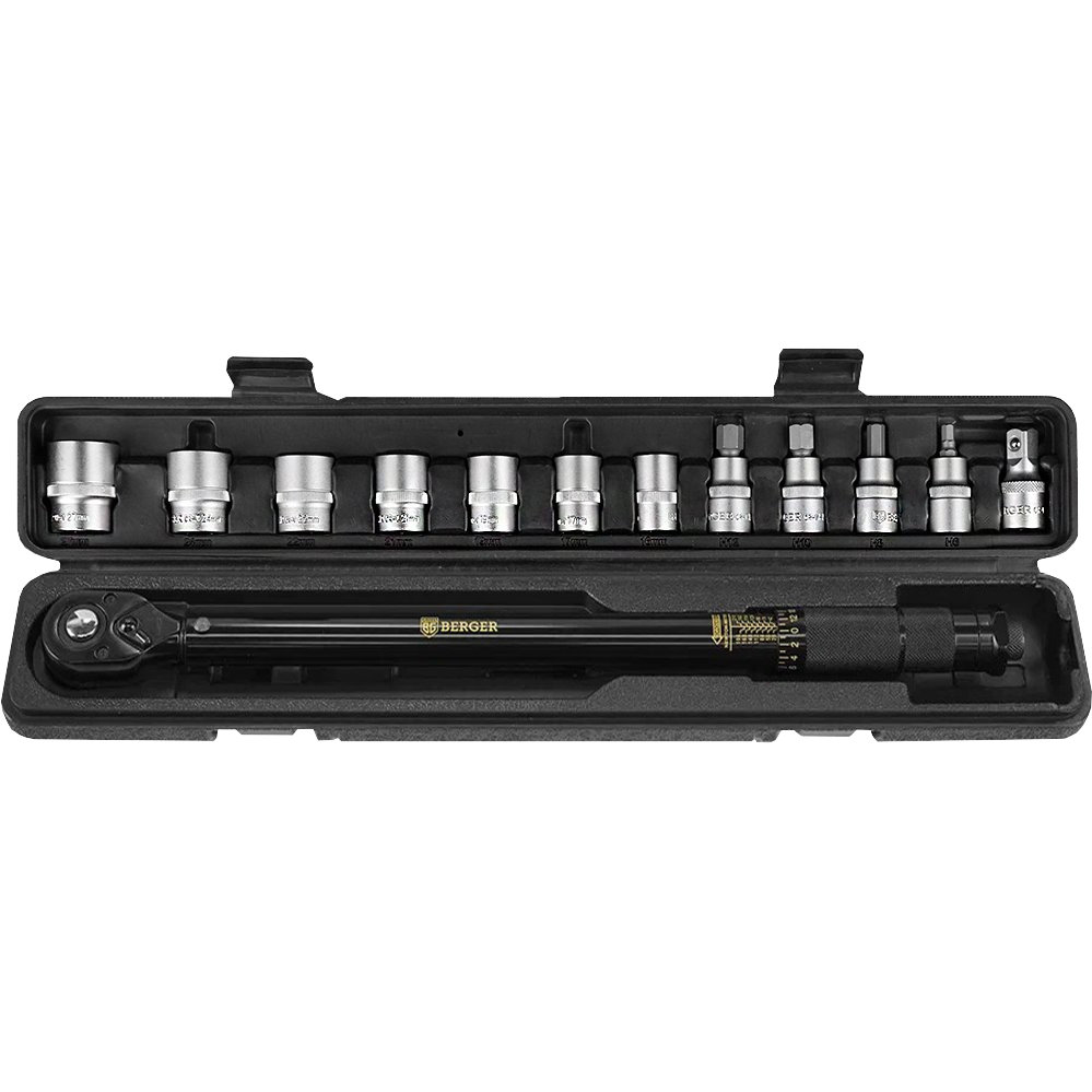 Ключ динамометрический щелчковый с набором головок 13 предметов BERGER BG 1/2 28-210 Нм (Правая-Левая резьба)