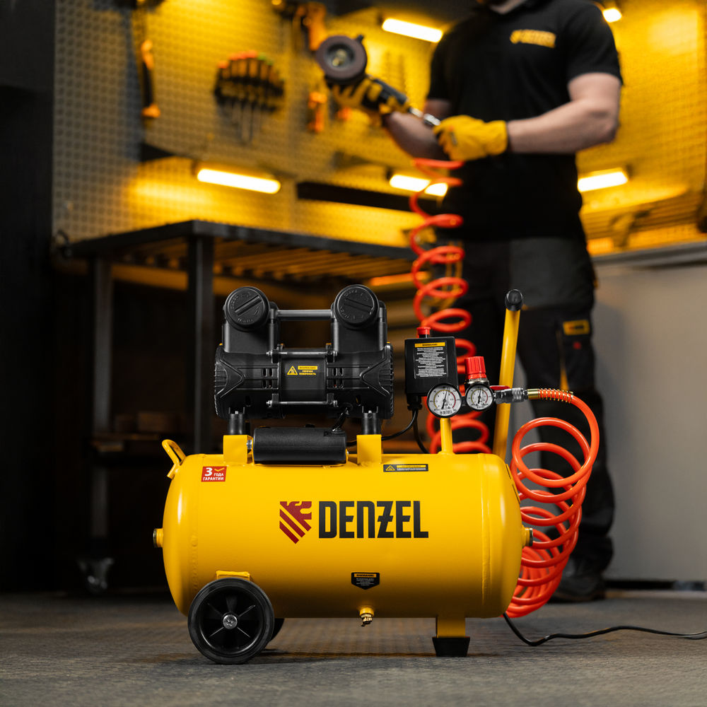 Компрессор безмасл. малошумный DLP-950/24, 950Вт,24 л, 2850 об/мин, 170 л/мин Denzel (58142)
