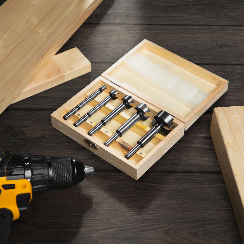Набор сверл Форстнера по дереву, 10-15-20-25-35 мм, 5 шт, в деревянном боксе, цилиндрический хвостовик Sparta (704405)