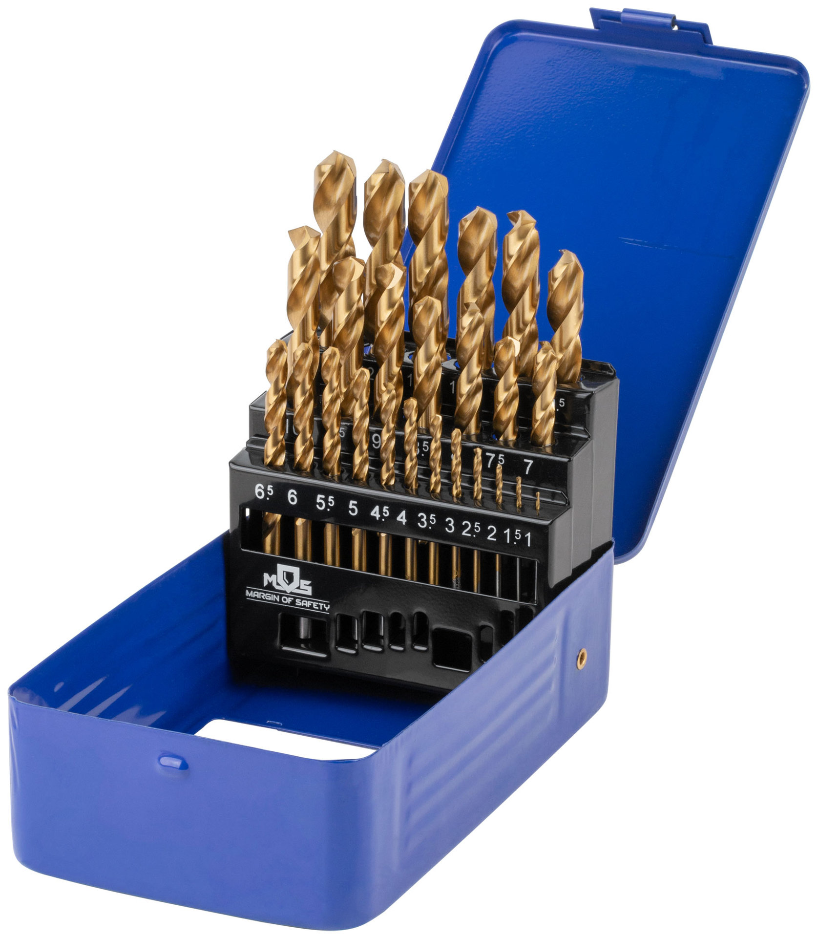 Набор сверл по металлу HSS шлифованные, титановое покрытие, угол заточки 135°, мет.бокс, 25 шт. (1-13 мм, через 0,5 мм) (35745М)