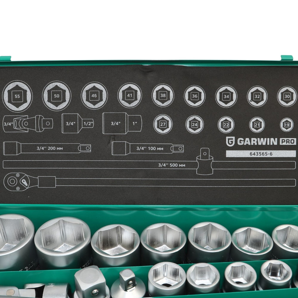 Набор торцевых головок 3/4 6 гр., 19-55 мм, 21 пр., GARWIN PRO, 643565-6
