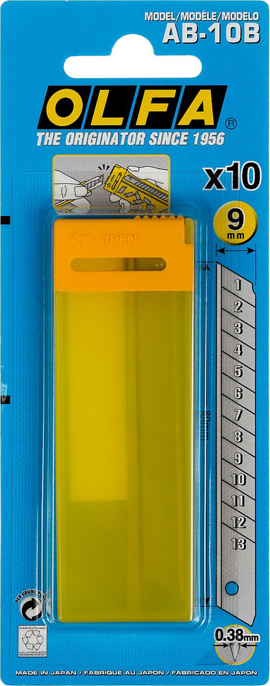 Сегментированные лезвия 9 мм, 10 шт, в пластиковом кейсе + блистер OLFA OL-AB-10B