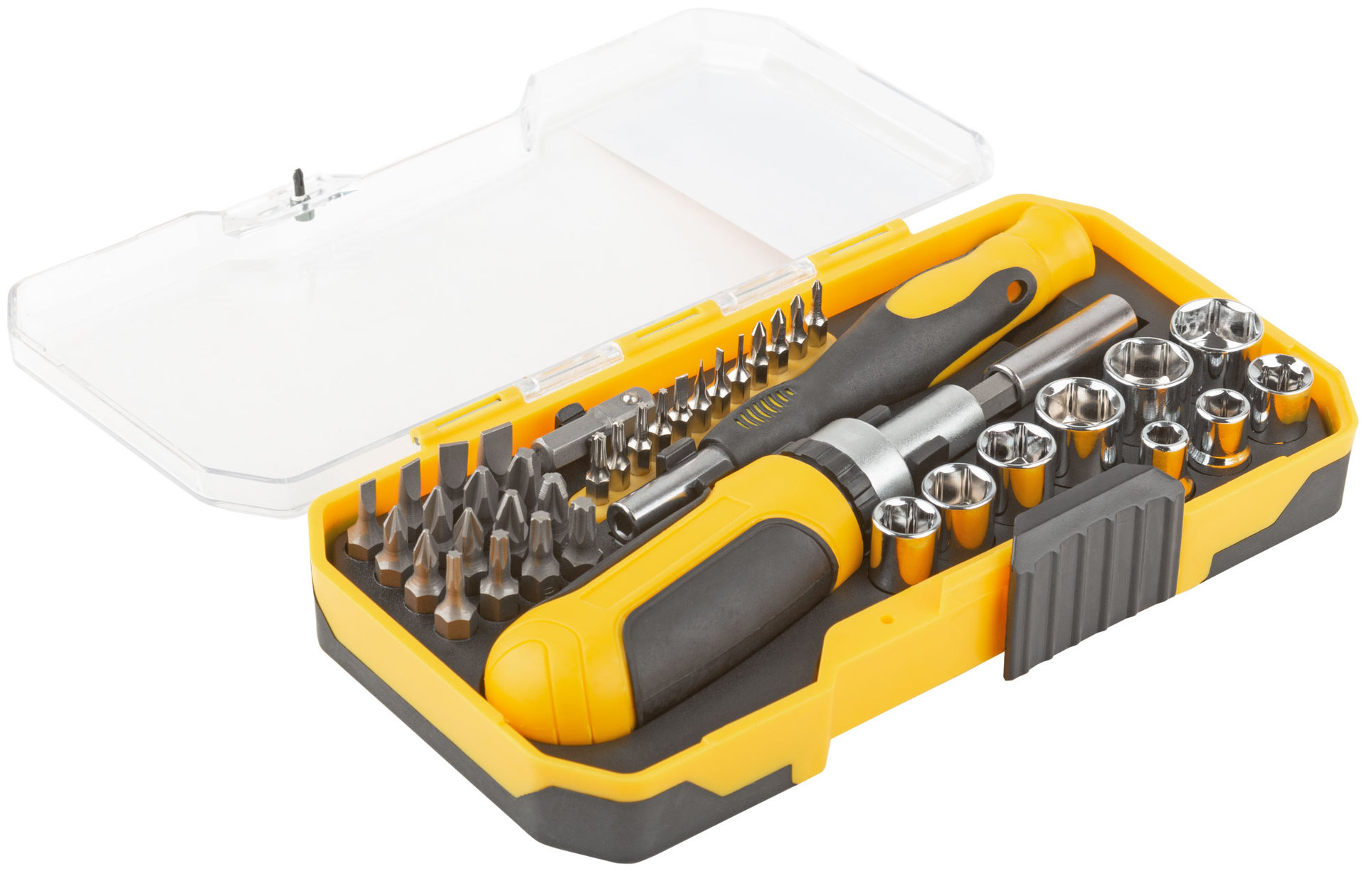 Отвертки реверсивная и для точных работ, набор 41 шт., пластиковый прорезиненный кейс (56385)