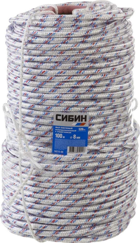 Плетеный полипропиленовый фал с сердечником d 8 мм 16-прядный 100 м СИБИН 50215-08