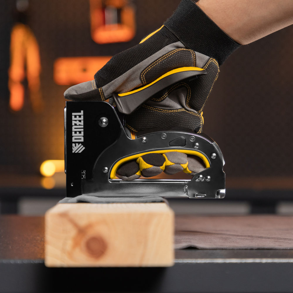 Степлер мебельный, стальной корпус, быстрая загрузка, регул. силы удара, тип 53, 4-14 мм Denzel (40211)