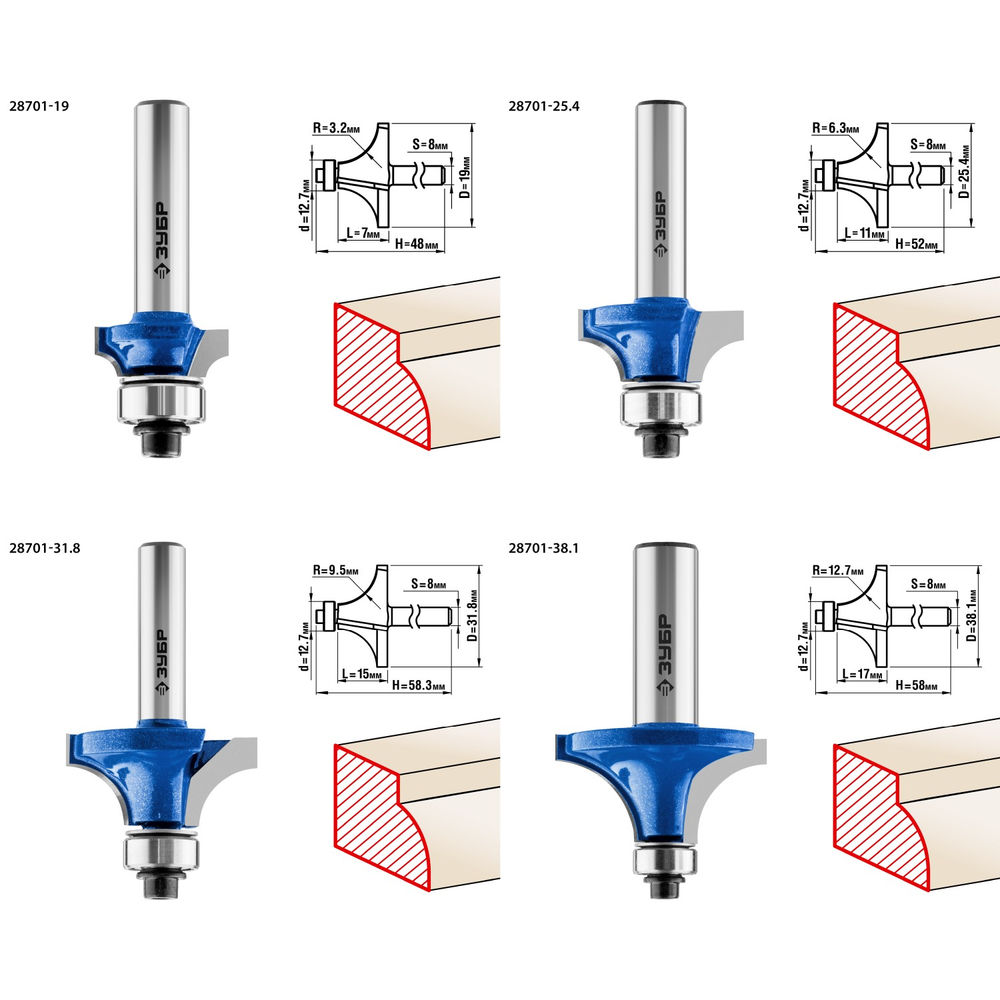 Набор профильных фрез по дереву 4 шт ЗУБР Профессионал 28795-H4-2  