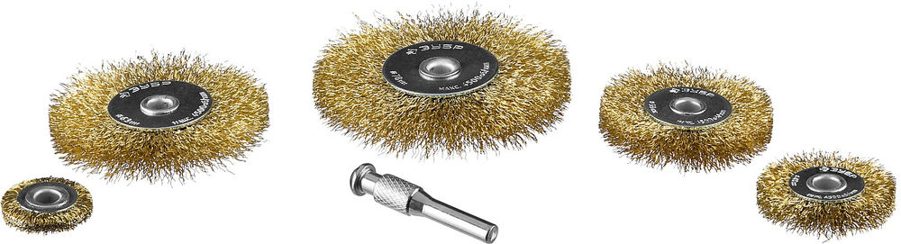 Набор дисковых щёток-крацовок для дрели 5 шт, 25/40/55/63/78 мм, витая латунированная стальная проволока ЗУБР Профессионал 3521-H5_z02