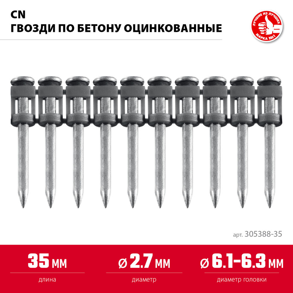 Гвозди по бетону CN 35 x 2.7 мм, оцинкованные, 1000 шт ЗУБР 305388-35