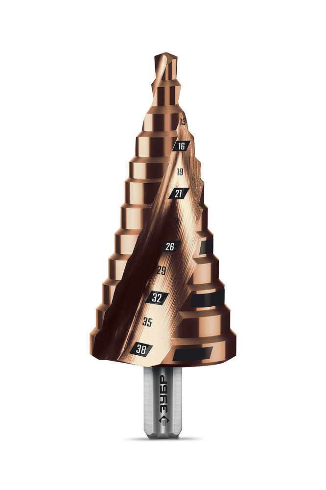Сверло ступенчатое 6-38 мм, 12 ступеней, винтовая проточка КОБАЛЬТ ЗУБР ПРОФЕССИОНАЛ 29674-6-38-12