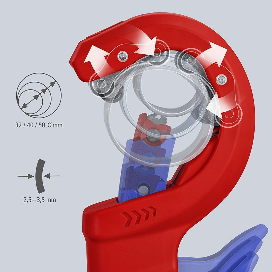 KNIPEX DPT50 Труборез для канализационных пластиковых труб O 32/40/50 мм, толщина 2.5 - 3.5 мм, длина 202 мм, BK (KN-902302BK)