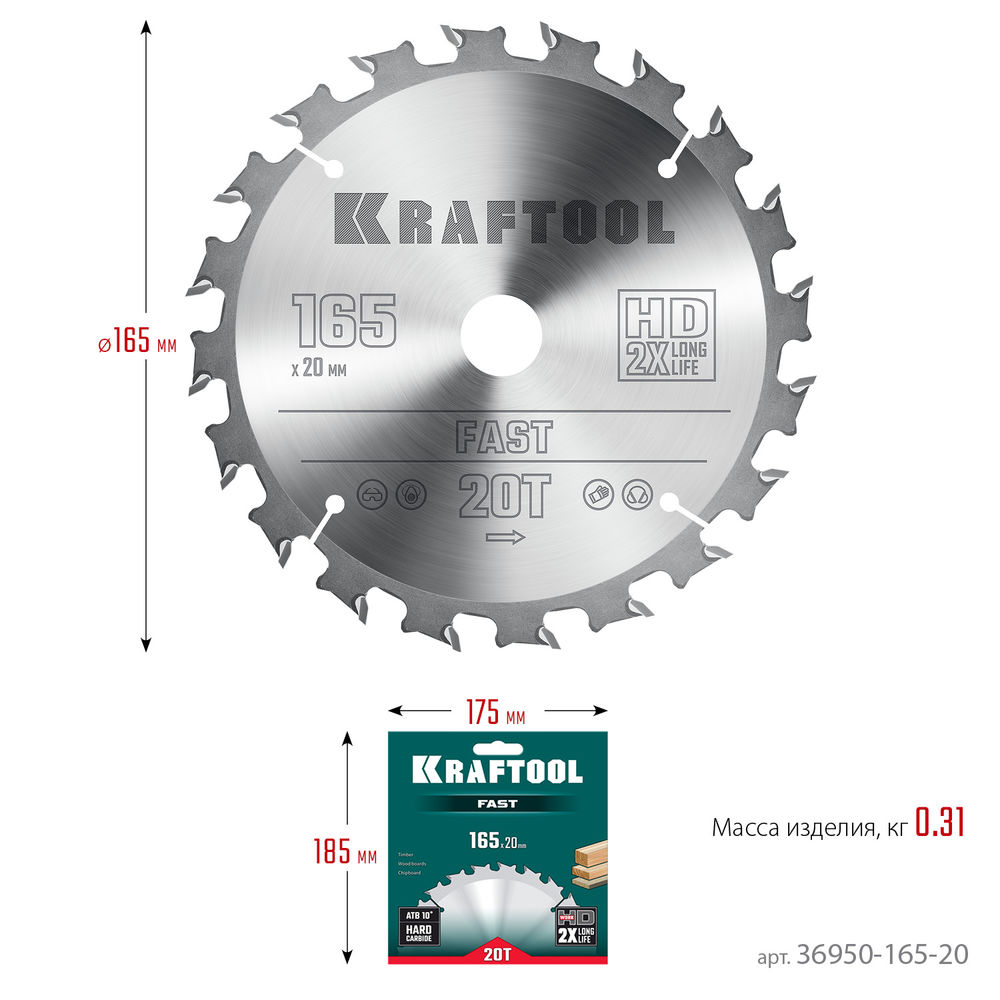 Пильный диск по дереву Fast, 165 х 20 мм, 20Т KRAFTOOL 36950-165-20