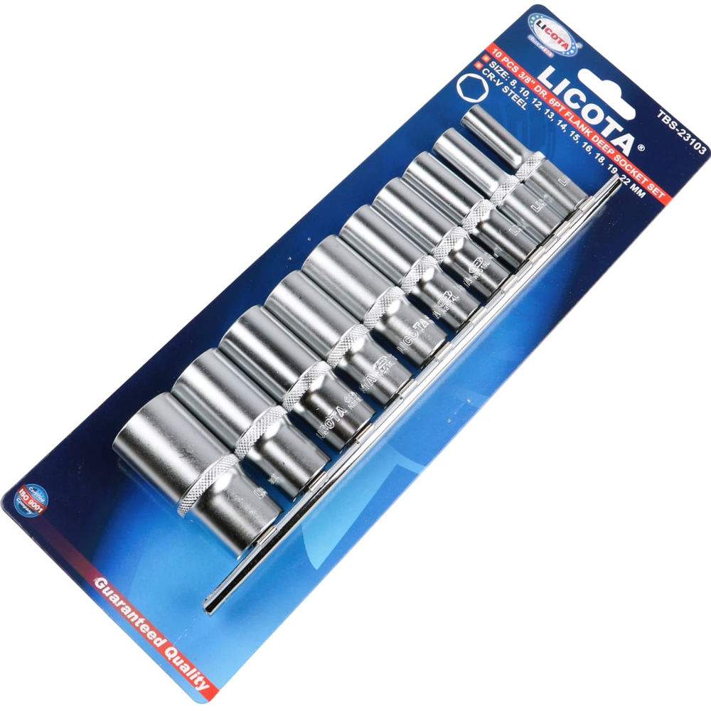 Набор глубоких торцевых головок 6-ти гранных 10 пр. на линейке, 8-22 мм 3/8 Licota TBS-23103