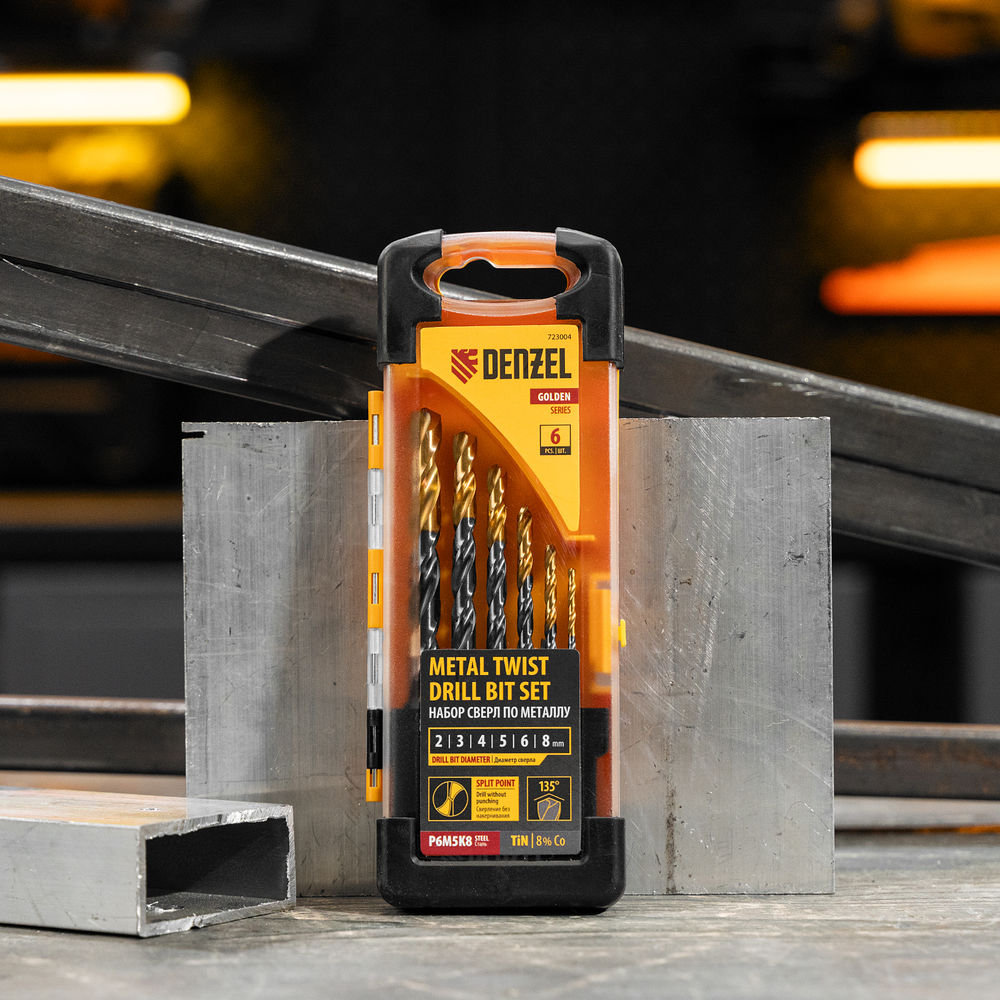 Набор сверл по металлу, 2-8мм, Р6М5К8-TiN, Golden Tip, 6 шт Denzel (723004)