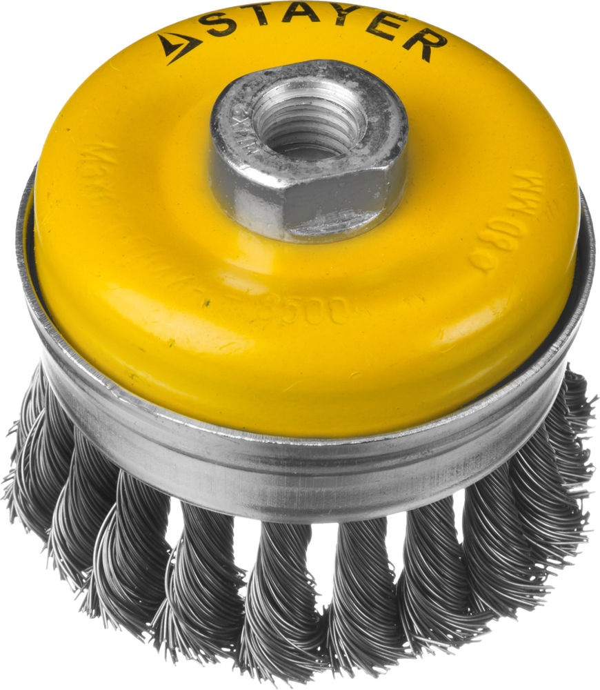 Щетка-крацовка чашечная для УШМ 80 мм, жгутированная стальная проволока 0.5 мм Professional STAYER 35137-080