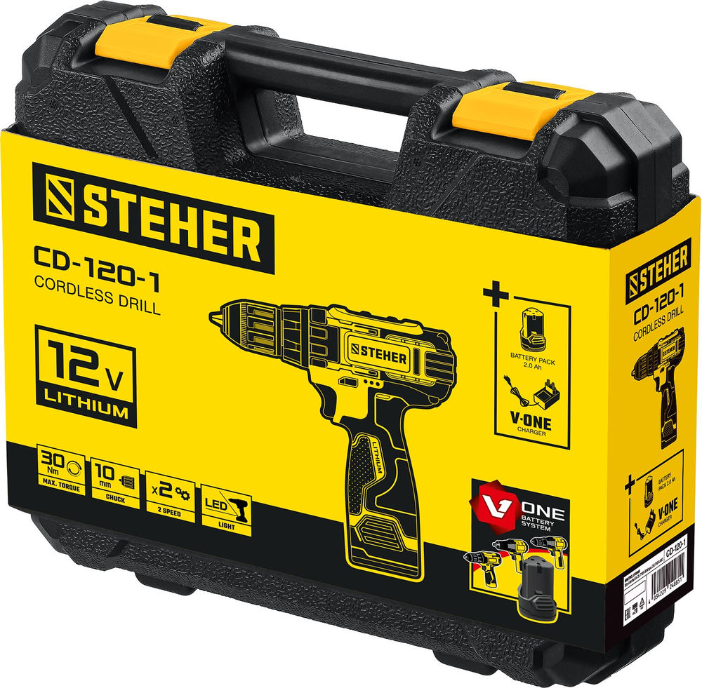 Дрель-шуруповерт 12 В, 30 Н·м, 2 АКБ (2 А·ч), кейс STEHER CD-120-2